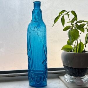 Antique Mexican Handblown Cobalt Glass Virgin of Guadalupe Bottle Folk Art